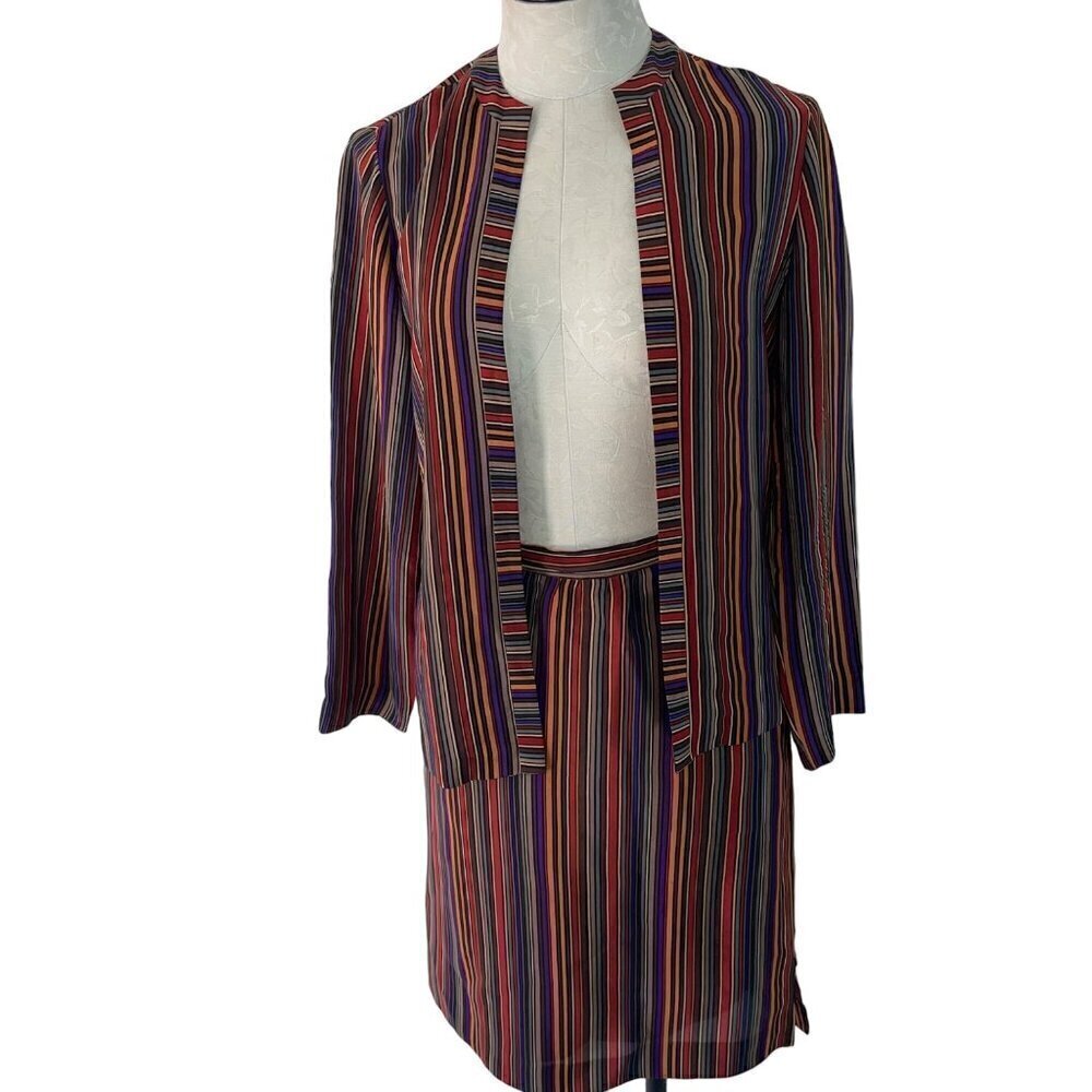 Soo Yung Lee Vintage Womens Skirt Jacket Size 8 Multicolor Striped Pure Silk